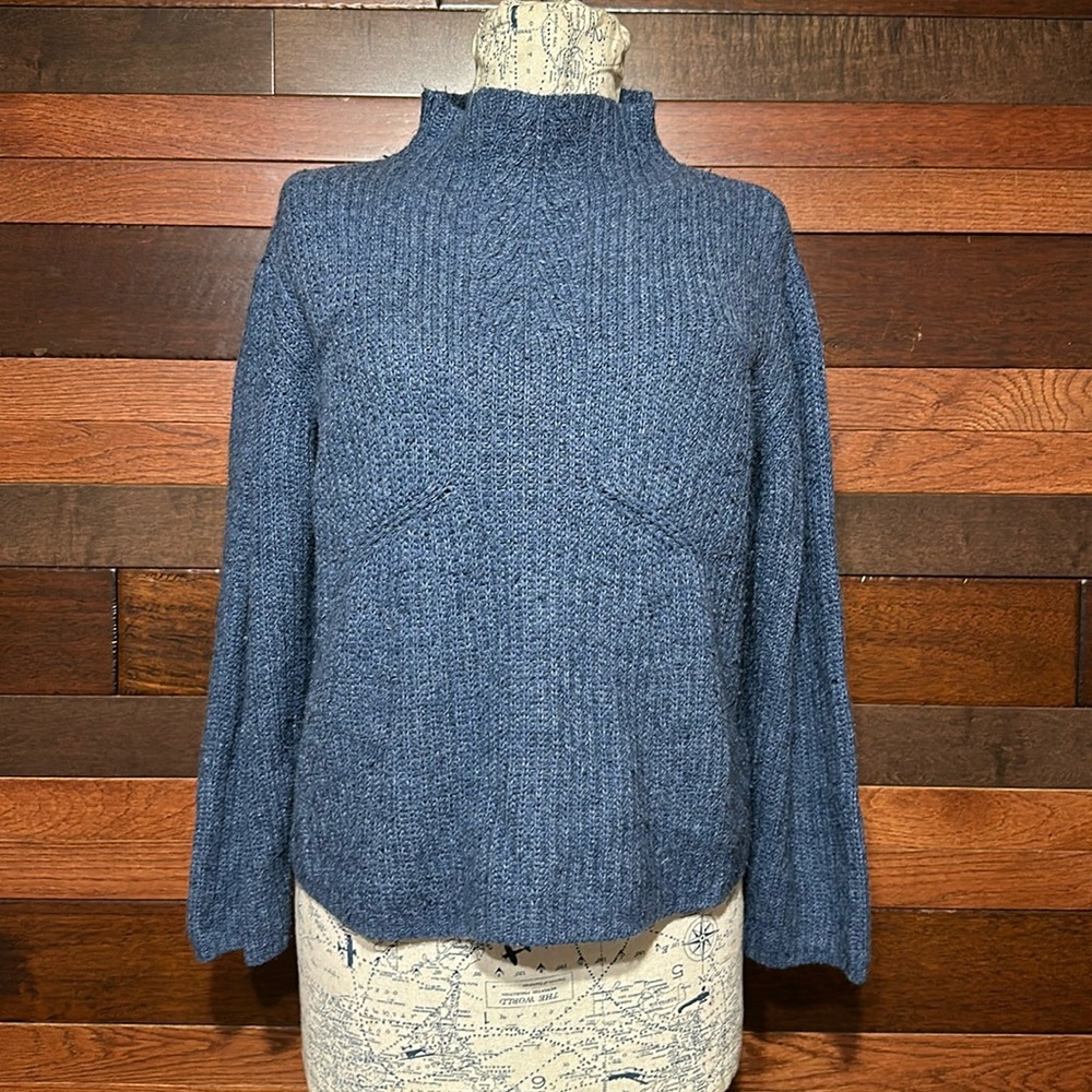 K.B Collections Cowl Neck Long Sleeve Blue Ribbed Knit Sweater